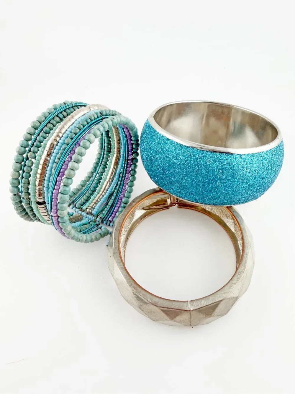 Boho Silver & Turquoise Bracelet Stack Set Beaded Cuff Sparkle Bangle Lot 3